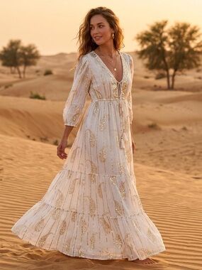 Me 2 Magic Anthropologie Cream Gold Maxi Dress Boho Goddess Festival Women’s M
